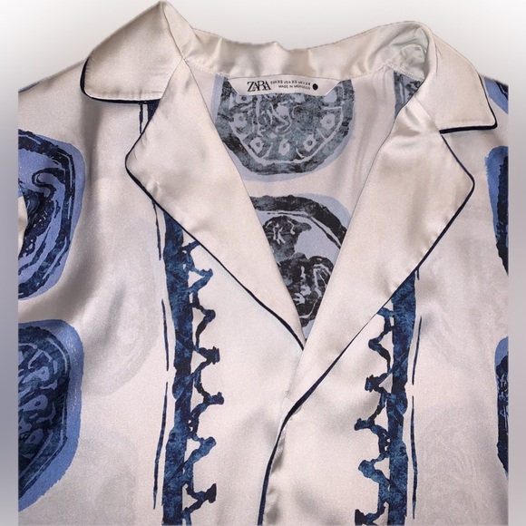 Zara ZW Collection Flowy Silky Button Down  Collar Shirt Blue White Oversized XS - Picture 5 of 11
